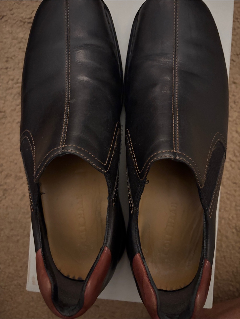 Cole Haan ZENO Black Size 9 Leather Slip-On Loafers with Brown Heel Panel